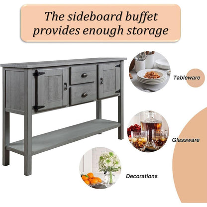 48" Solid Wood Sideboard Console Table with 2 Drawers and Cabinets and Bottom Shelf, Retro Style Storage Dining Buffet Server Cabinet for Living Room Kitchen Dining Room(Antique Gray)