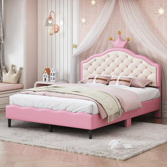 Full Size Lovely Crown Fantasy PU Leather Princess Bed with Tufted Headboard, Pink+Cream