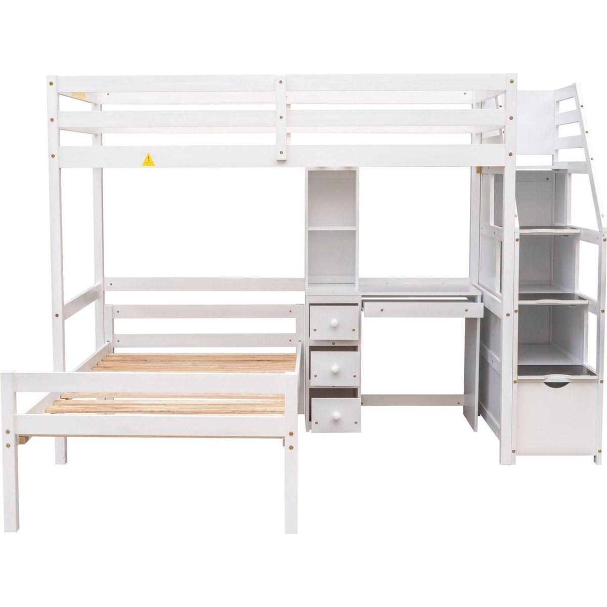 Twin Size Loft Bed with a Stand-alone Bed, Storage Staircase, Desk, Shelves and Drawers, White