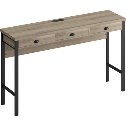 3-Drawer Long Dining Table Set with Power Outlets, Bar Kitchen Table Set with Circular PU Stools, Easy Assemble, Brown Gray Table+Black Stool