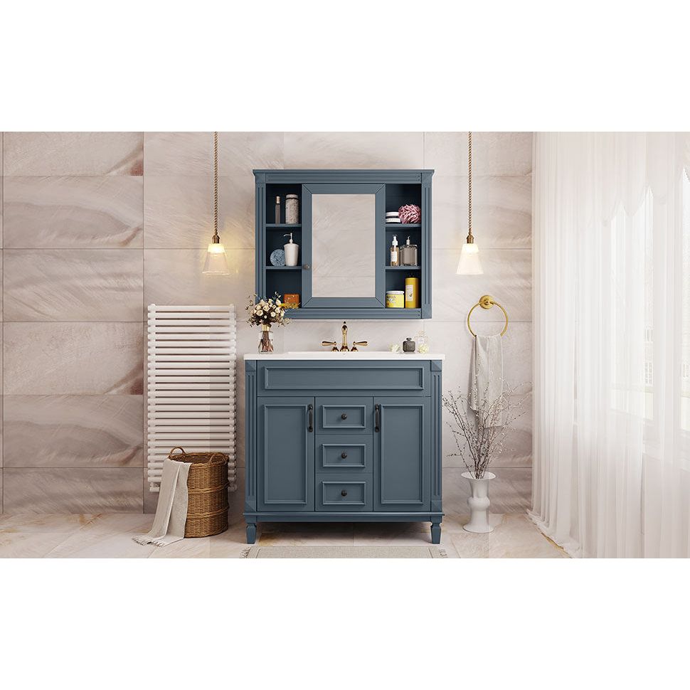 36" Bathroom Vanity with Top Sink, Royal Blue Mirror Cabinet, Modern Bathroom Storage Cabinet with 2 Soft Closing Doors and 2 Drawers, Single Sink Bathroom Vanity