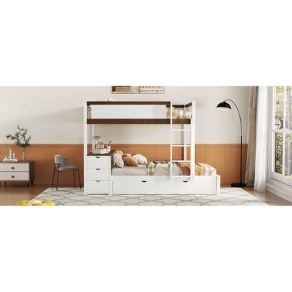 Full-Over-Full Bunk Bed with Twin size Trundle, Storage and Desk, White+Walnut