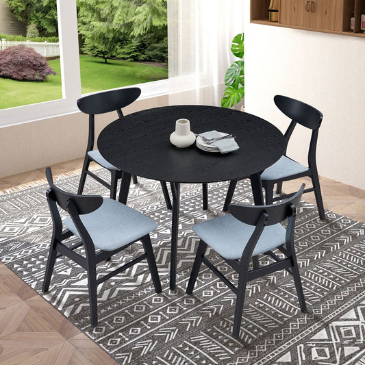 Wooden Dining Table Set, Modern Simple Design Round Kitchen Table and Fabric Upholstered Dining Chairs for Dining Room, Kitchen, Saving Space(1 Table with 4 Chairs),Black