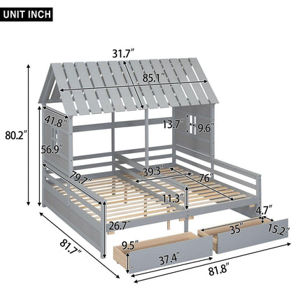 Twin Size House Platform Beds with Two Drawers for Boy and Girl Shared Beds, Combination of 2 Side by Side Twin Size Beds, Gray
