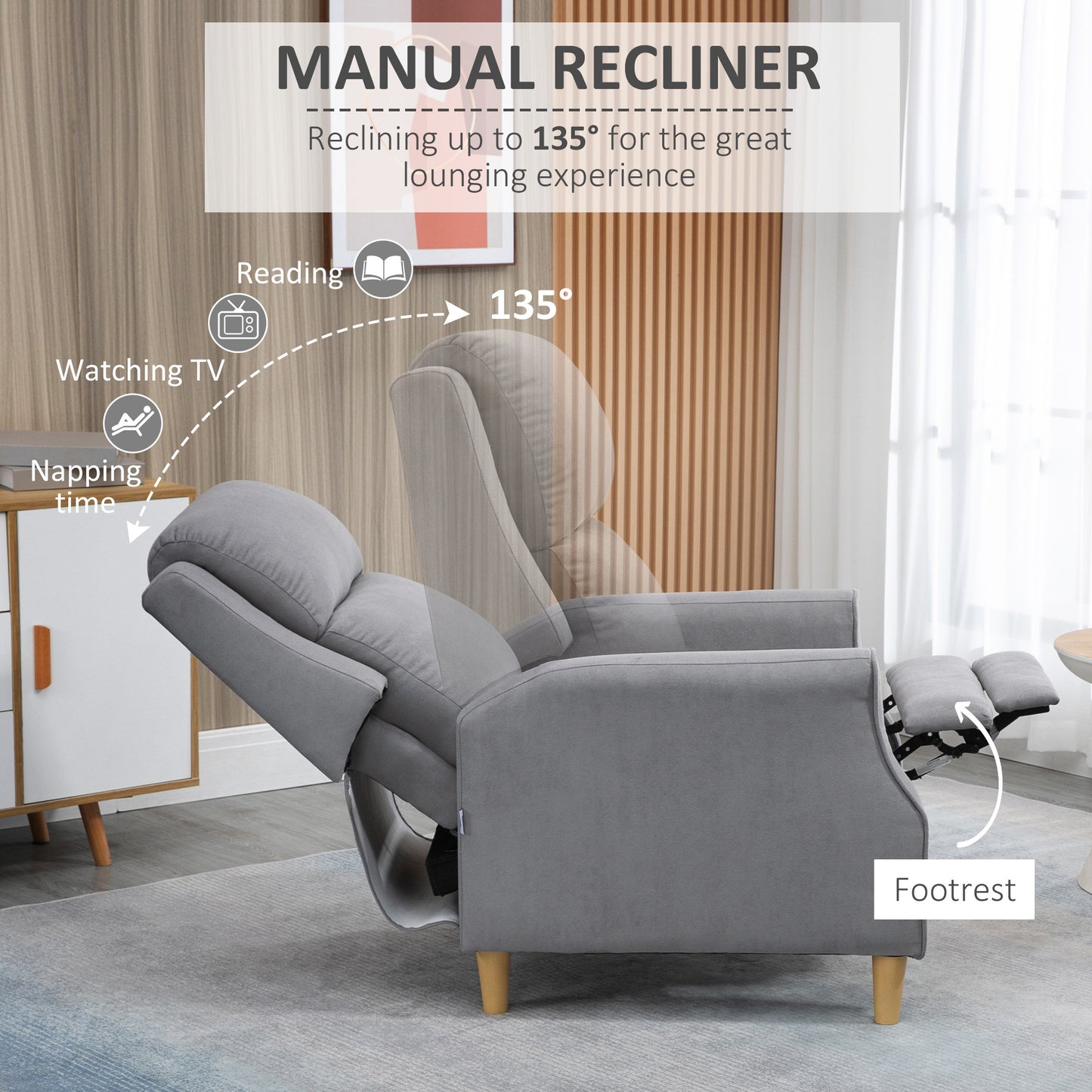 Manual Recliner Chair with Footrest, Contemporary for Living Room