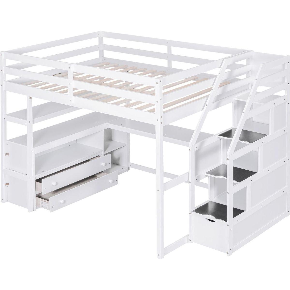Full Size Loft Bed with Desk and Shelves, Two Built-in Drawers, Storage Staircase, White