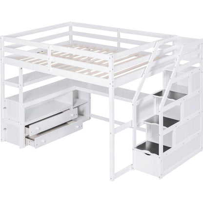 Full Size Loft Bed with Desk and Shelves, Two Built-in Drawers, Storage Staircase, White