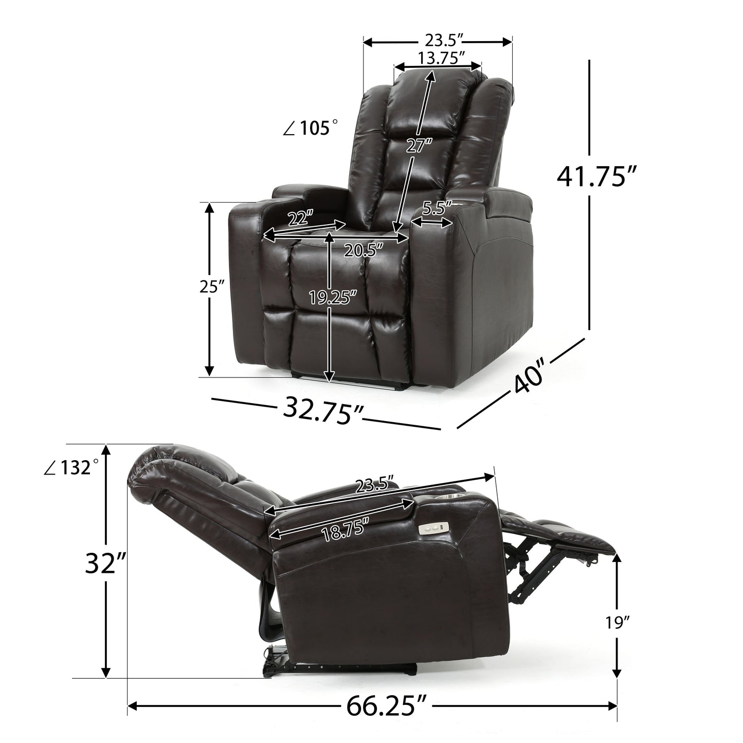 33" Wide Power Standard Recliner Chair with Arm Storage with USB