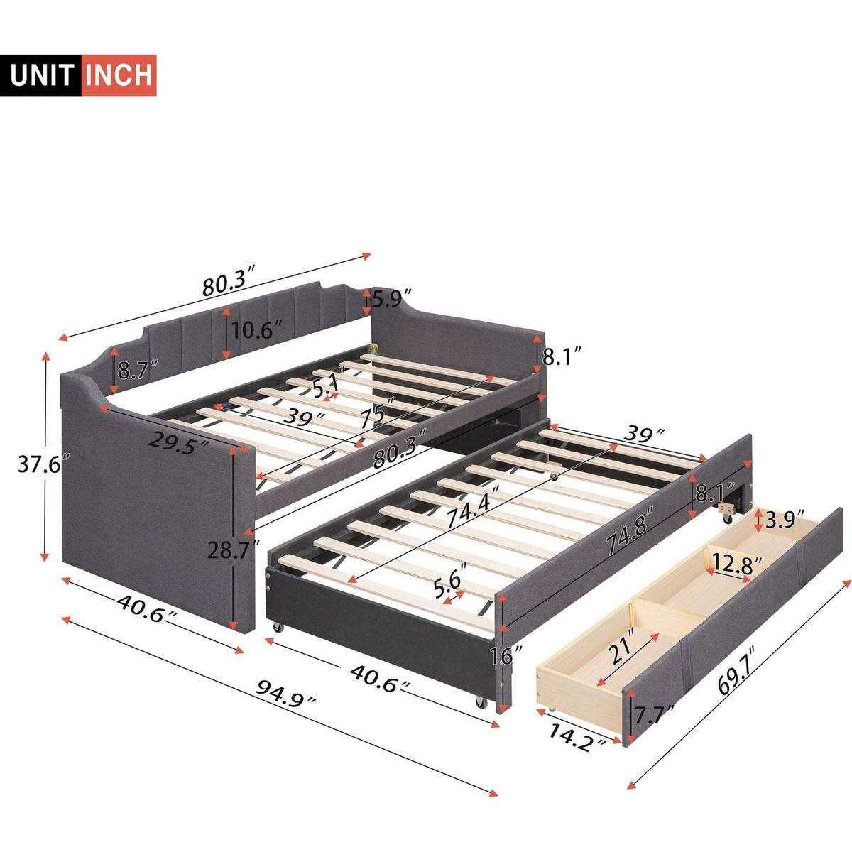 Twin Size Upholstered Daybed with Trundle and Three Drawers,Grey