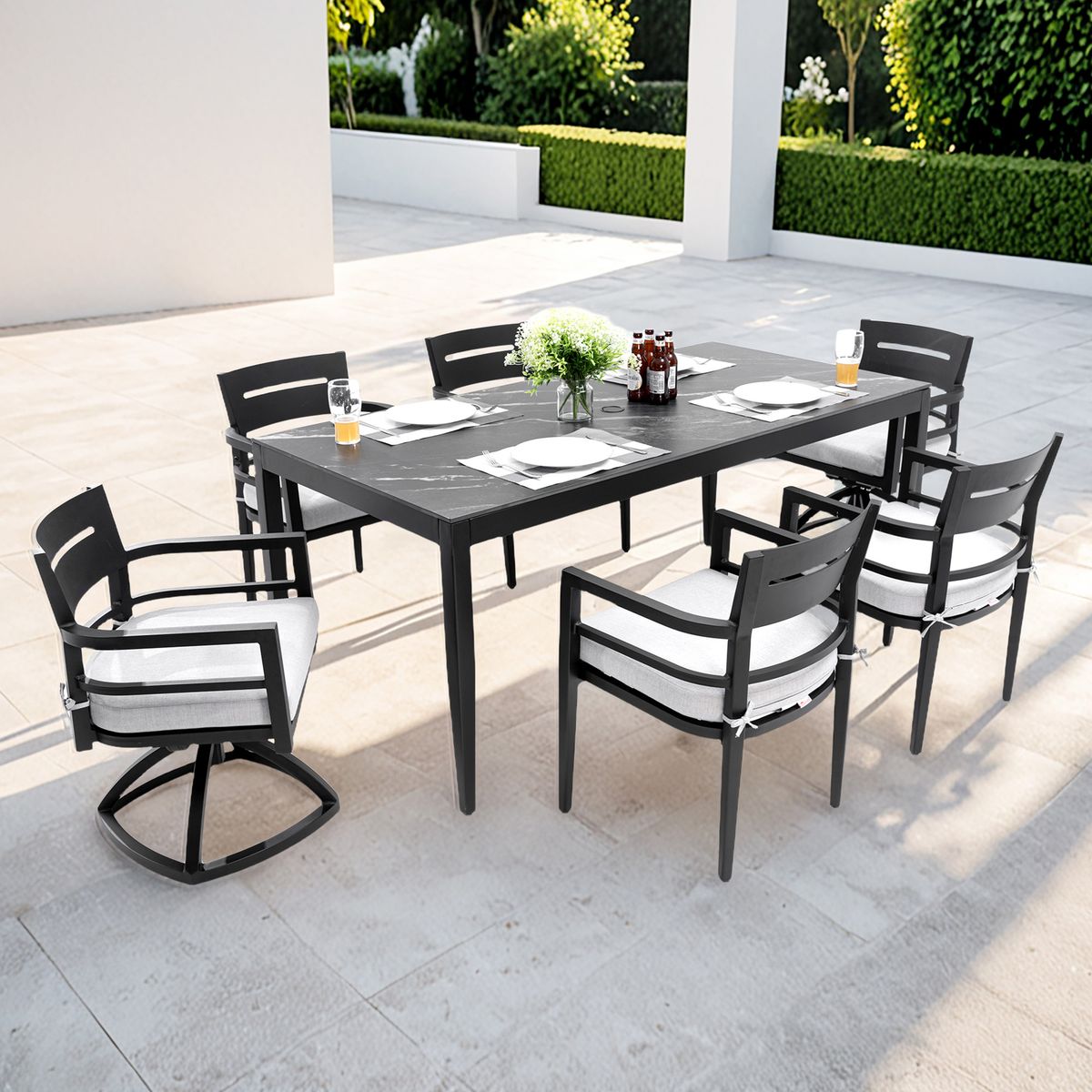 Modern 7PC Outdoor Patio Aluminum Dining Set, 35.5'x71' Rectangular Table with Black Marble-Look Sintered Stone Top, Ember Black, 4 Chairs & 2 Swivel Rockers, Sunbrella Cushions