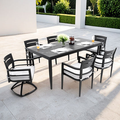 Modern 7PC Outdoor Patio Aluminum Dining Set, 35.5'x71' Rectangular Table with Black Marble-Look Sintered Stone Top, Ember Black, 4 Chairs & 2 Swivel Rockers, Sunbrella Cushions