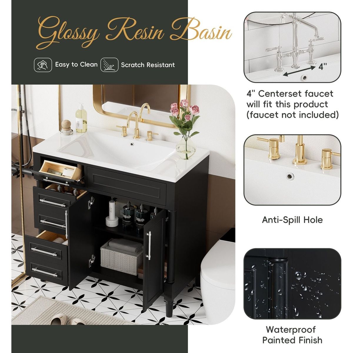 36" Bathroom Vanity with Top Resin Sink, Freestanding Bathroom Storage Cabinet with 2 Drawers and a Tip-out Drawer, Solid Wood Frame Vanity Set, Height Adjustable Shelf