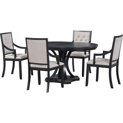 Retro 5-piece Dining Set Extendable Round Table and 4 Chairs for Kitchen Dining Room (BLACK OAK)