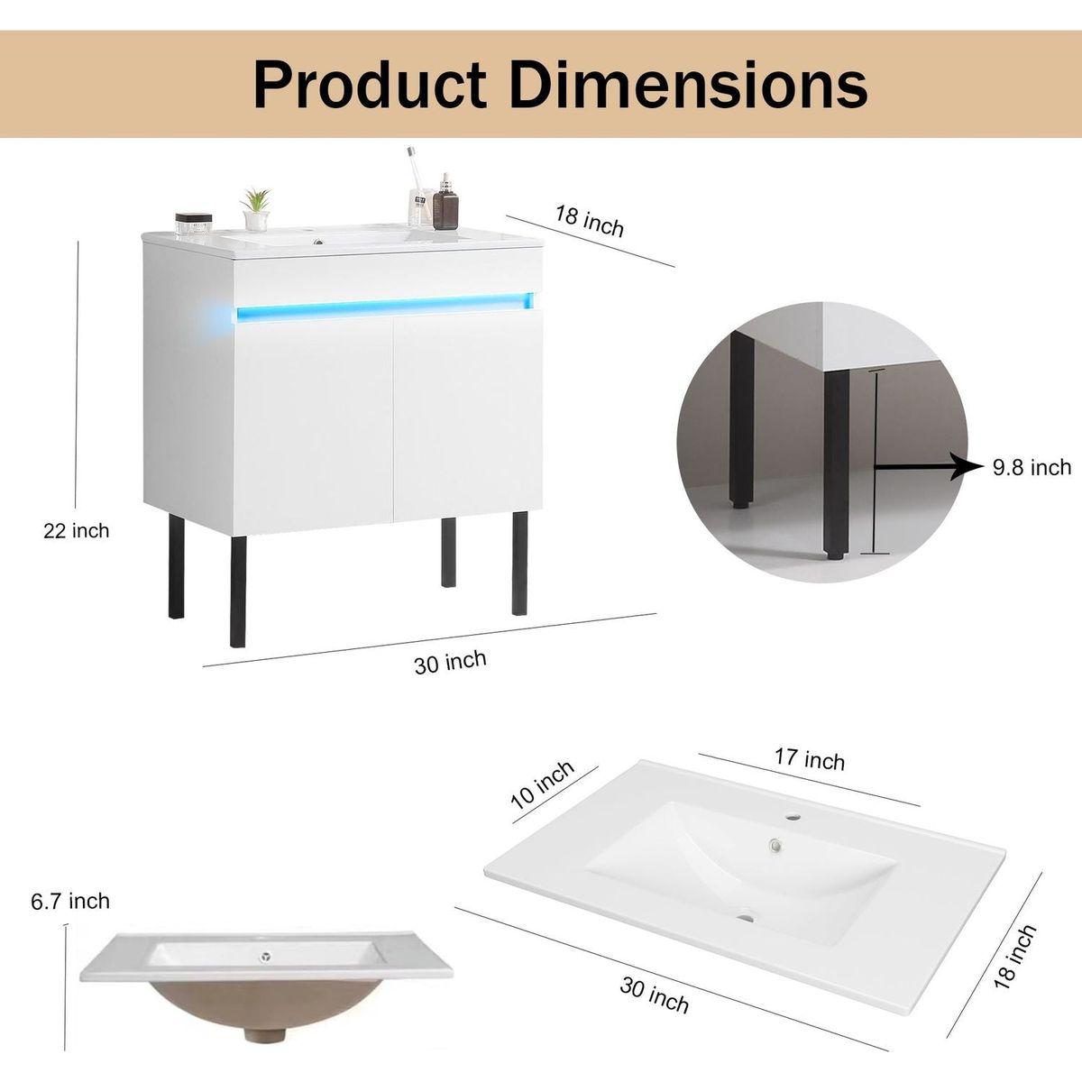 30" Bathroom Vanity with Sink, Radar Sensing Light, Large Storage Space and Metal legs, Wall Mounted/Standing Bathroom Vanity Sink, White