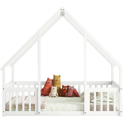 Full Wood House-Shaped Floor Bed with Fence, Guardrails,White
