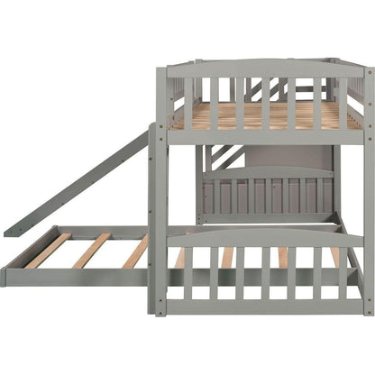 Stairway Twin over Twin Bunk Bed with Two Drawers and Slide, Gray