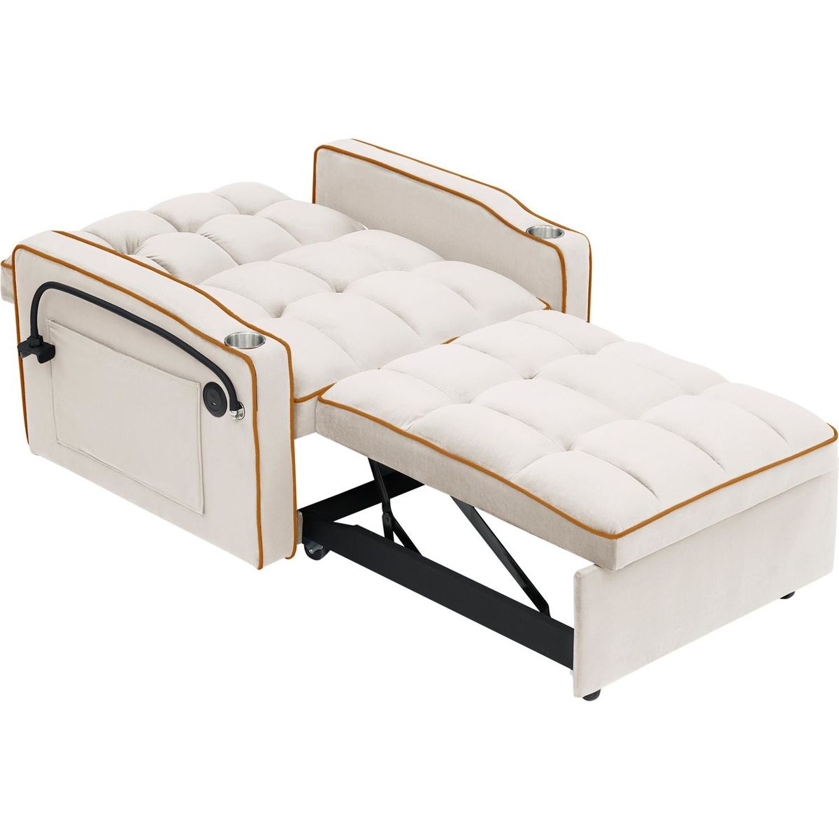 1 versatile foldable sofa bed in 3 lengths, modern sofa sofa sofa velvet pull-out bed, adjustable back and with USB port and ashtray and swivel phone stand creamy white