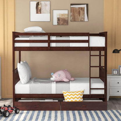 Twin-Over-Twin Bunk Bed with Ladders and Two Storage Drawers (Espresso)