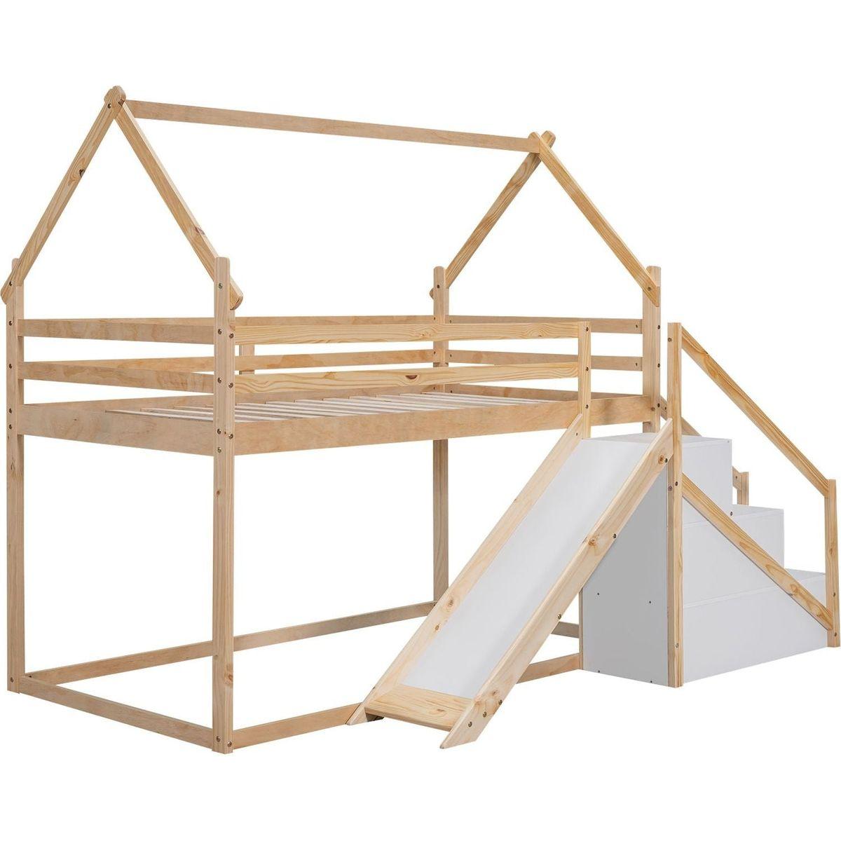 Twin over Twin House Loft or Bunk Bed with Slide and Staircase, Natural