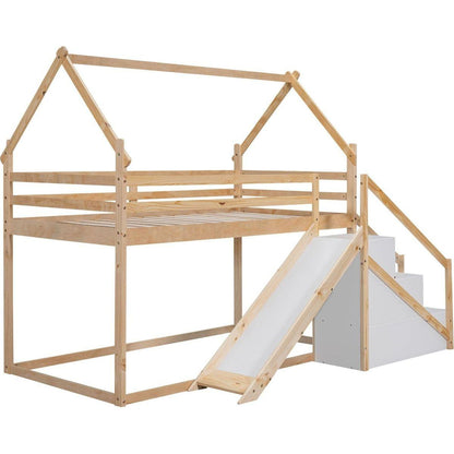 Twin over Twin House Loft or Bunk Bed with Slide and Staircase, Natural