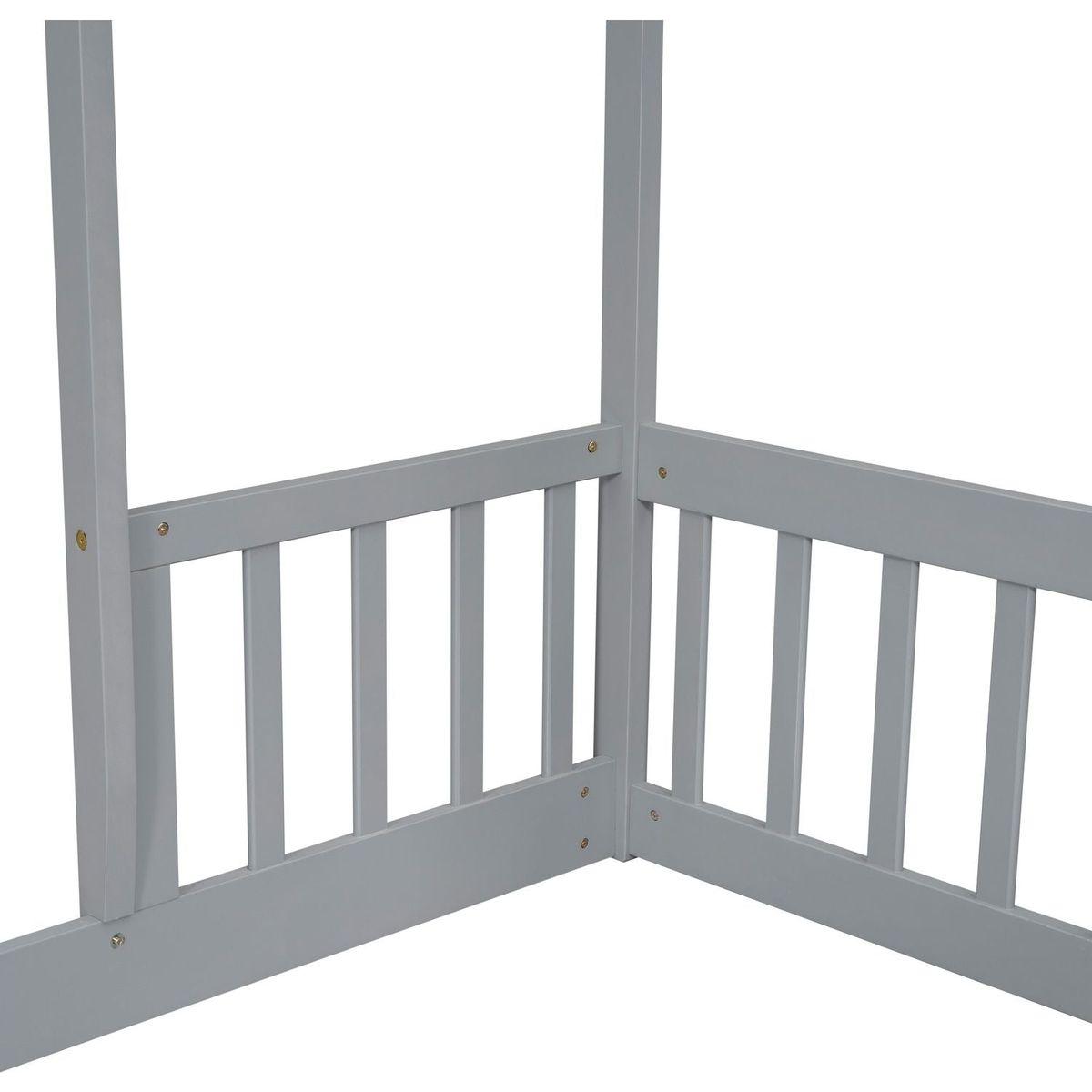 Full Roof-framed Headboard Floor Bed with Headboard Guardrails, without Slats, Grey