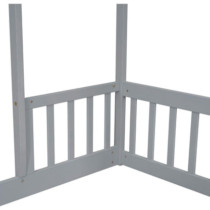 Full Roof-framed Headboard Floor Bed with Headboard Guardrails, without Slats, Grey