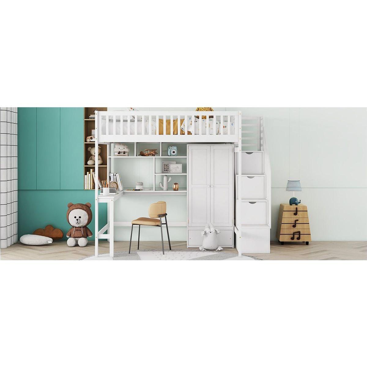 Full size Loft Bed with Bookshelf,Drawers,Desk,and Wardrobe-White