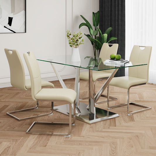 Modern style glass dining table, elegant transparent design, sturdy stainless steel base, Beige dining chairs set, electroplated chair legs, suitable for dining room and kitchen (set of 5)