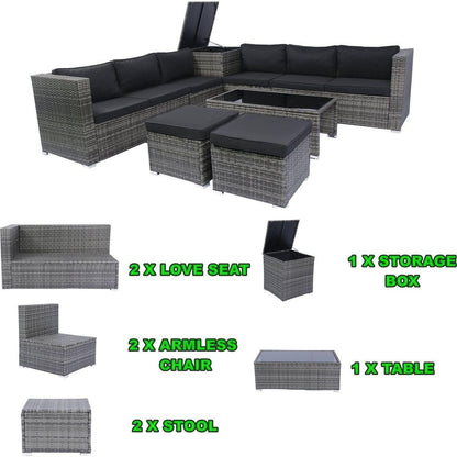 8 Piece Patio Sectional Wicker Rattan Outdoor Furniture Sofa Set with One Storage Box Under Seat and Cushion Box Grey wicker + Black Cushion + Clear Glass Top