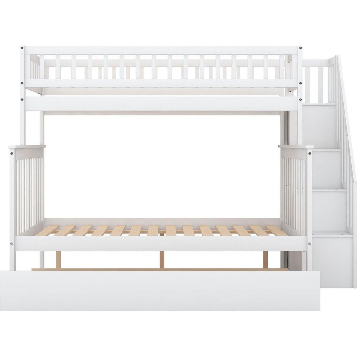 Twin over Full Bunk Bed with Trundle and Staircase,White
