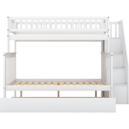 Twin over Full Bunk Bed with Trundle and Staircase,White
