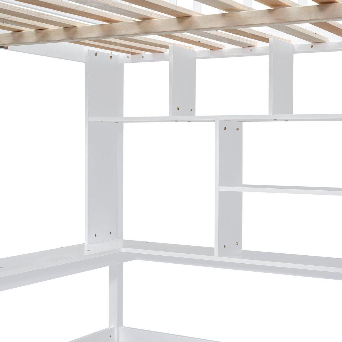 Full size Loft Bed with Bookshelf,Drawers,Desk,and Wardrobe-White