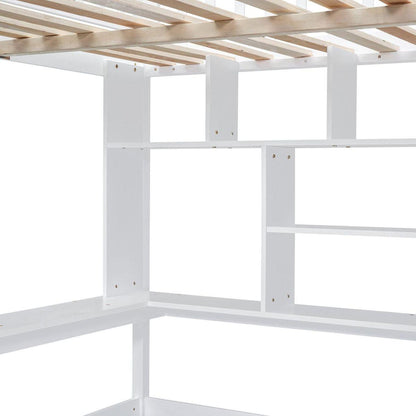 Full size Loft Bed with Bookshelf,Drawers,Desk,and Wardrobe-White