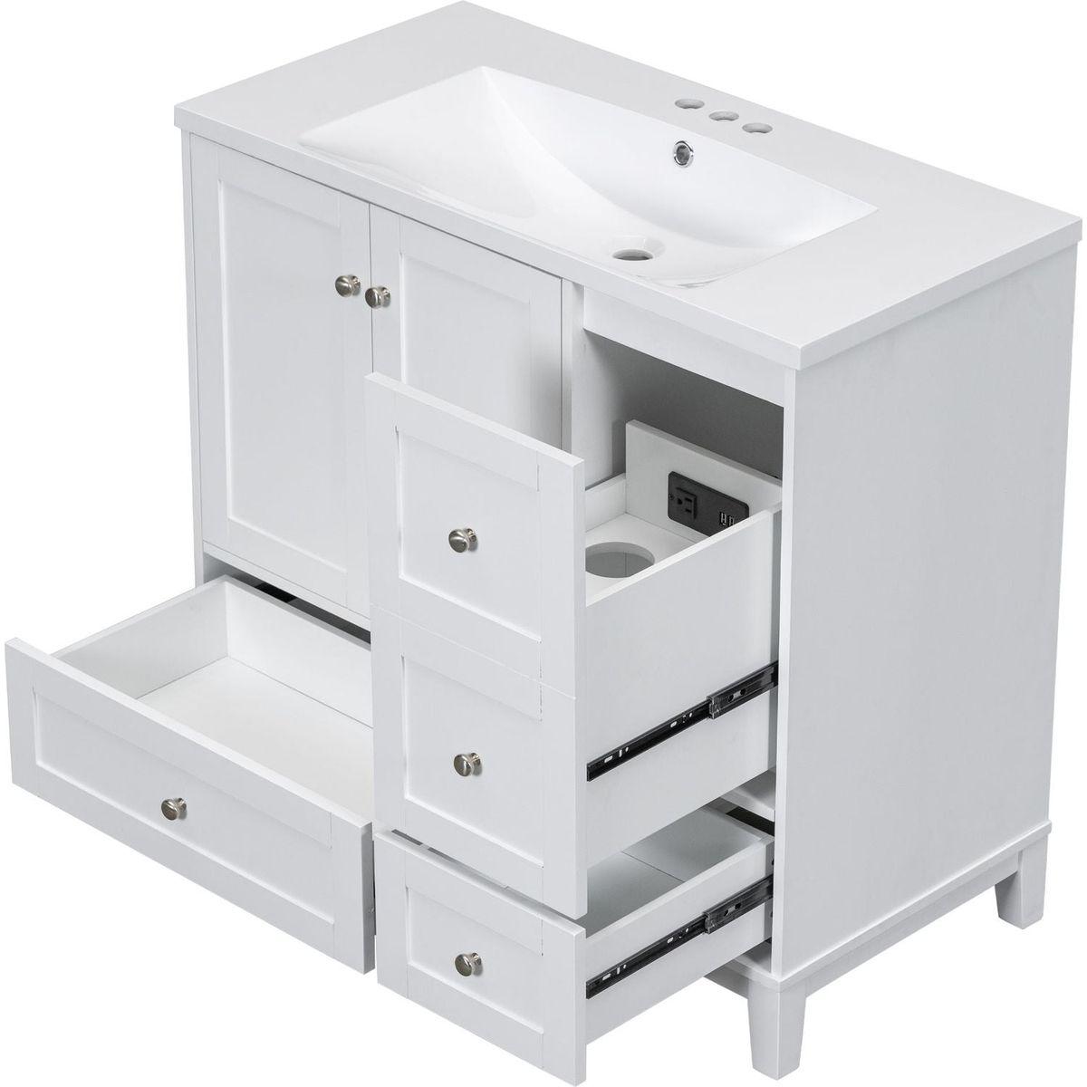 36 Inch Modern Bathroom Vanity with USB Charging, Two Doors and Three Drawers Bathroom Storage Vanity Cabinet, Small Bathroom Vanity cabinet with single sink, White & Gray Blue - Faucets Not Included