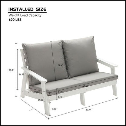 HIPS Loveseat with Cushion, Wood Grain Outdoor Garden Sofa,White/Grey