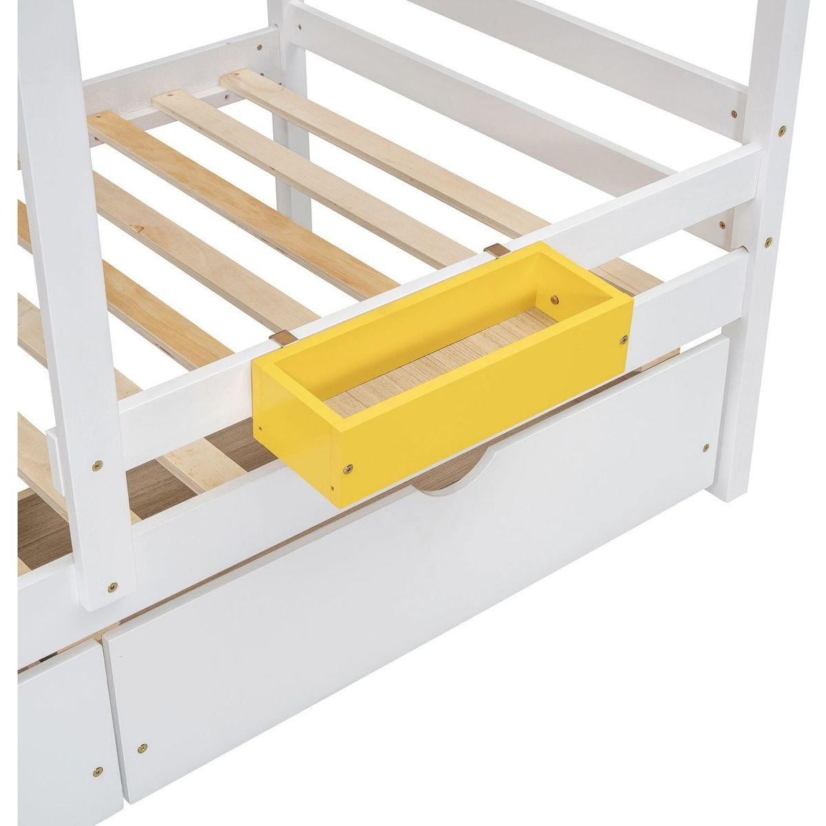 Twin over Twin Bunk Bed with 2 Drawers, 1 Storage Box, 1 Shelf, Window and Roof-White