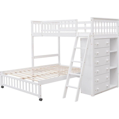 Wooden Twin Over Full Bunk Bed With Six Drawers And Flexible Shelves,Bottom Bed With Wheels,White