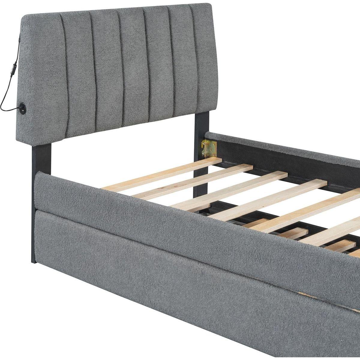 Teddy Fleece Twin Size Upholstered Platform Bed with Trundle, Gray