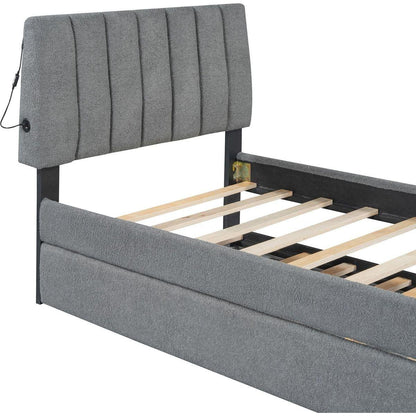 Teddy Fleece Twin Size Upholstered Platform Bed with Trundle, Gray