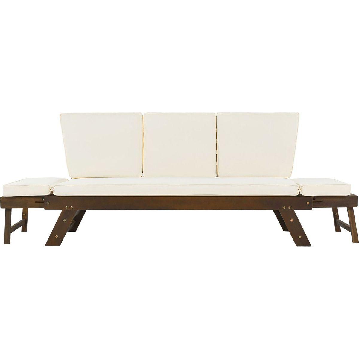 Outdoor Adjustable Patio Wooden Daybed Sofa Chaise Lounge with Cushions for Small Places, Brown Finish+Beige Cushion