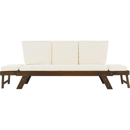 Outdoor Adjustable Patio Wooden Daybed Sofa Chaise Lounge with Cushions for Small Places, Brown Finish+Beige Cushion