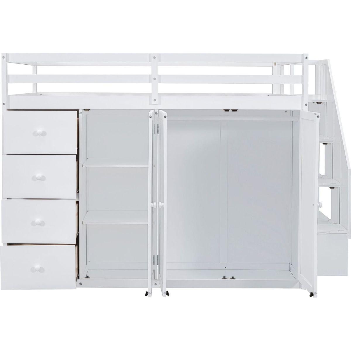Full Size Wood Loft Bed With Built-in Wardrobes, Cabinets and Drawers, White