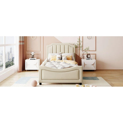 Twin Size Upholstered Daybed with Classic Stripe Shaped Headboard, Beige