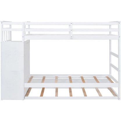 Twin Over Twin Bunk Bed with Trundle and Staircase,White