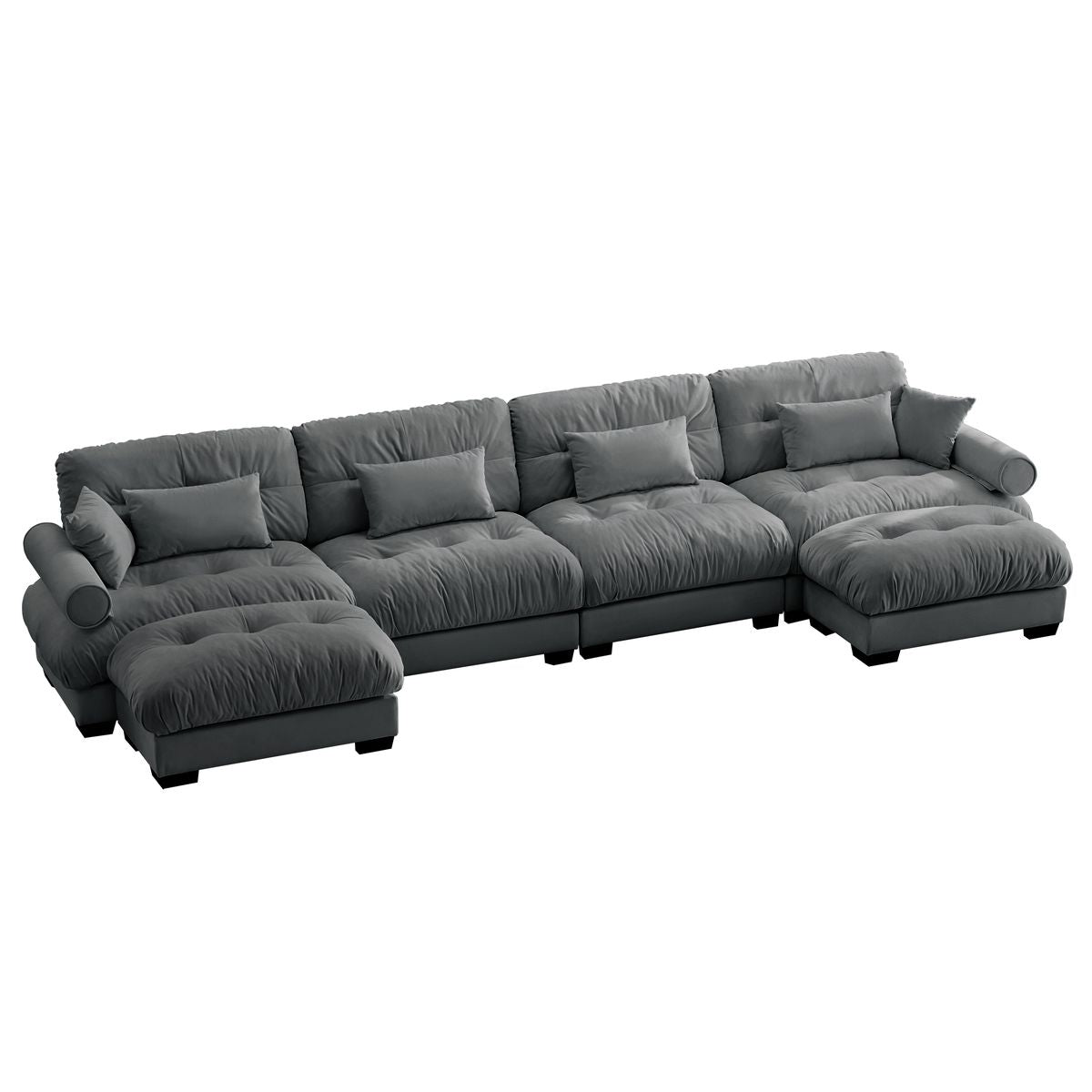 Modern Velvet U Shaped Sectional Sofa with Movable Ottomans and Pillows, Grey