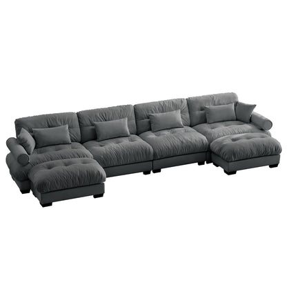 Modern Velvet U Shaped Sectional Sofa with Movable Ottomans and Pillows, Grey
