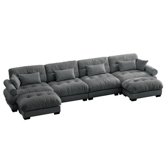 Modern Velvet U Shaped Sectional Sofa with Movable Ottomans and Pillows, Grey