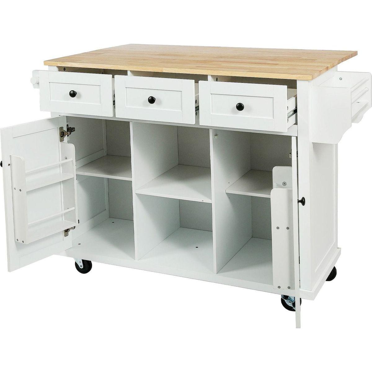 Kitchen Cart with Rubber wood Drop-Leaf Countertop, Cabinet door internal storage racks,Kitchen Island on 5 Wheels with Storage Cabinet and 3 Drawers for Dining Room,White