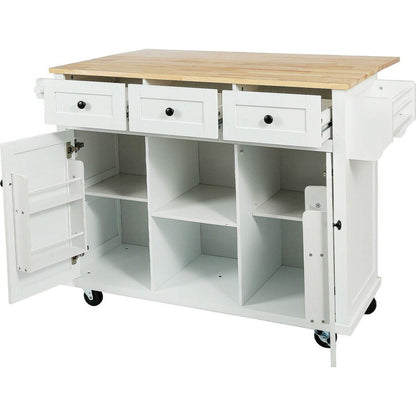 Kitchen Cart with Rubber wood Drop-Leaf Countertop, Cabinet door internal storage racks,Kitchen Island on 5 Wheels with Storage Cabinet and 3 Drawers for Dining Room,White