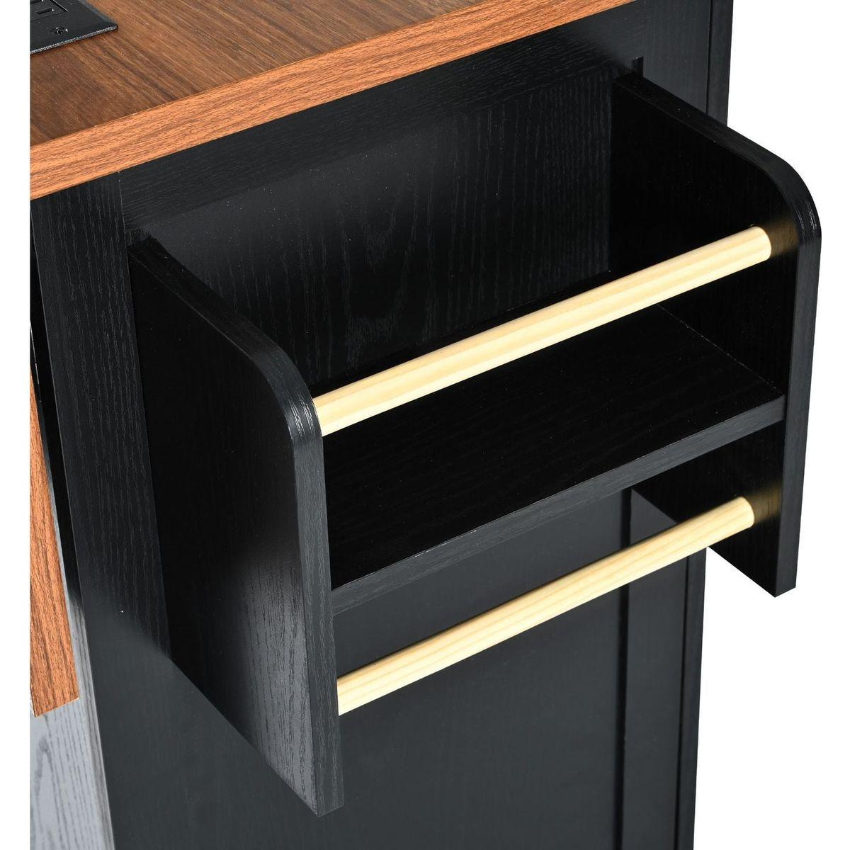 54.5" Farmhouse Kitchen Island with Power Outlet, Kitchen Storage Island with Internal Storage Rack, Drop Leaf, Spice Rack, Rolling Kitchen Cart on Wheels, for Home, Kitchen and Dining Room,Black